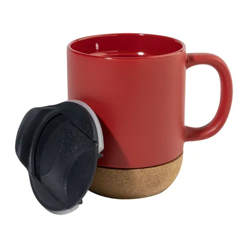 Tazza in ceramica con base in sughero coperchio in PP finitura esterna opaca ed interna lucida confezione in cartoncino kraft 325ml