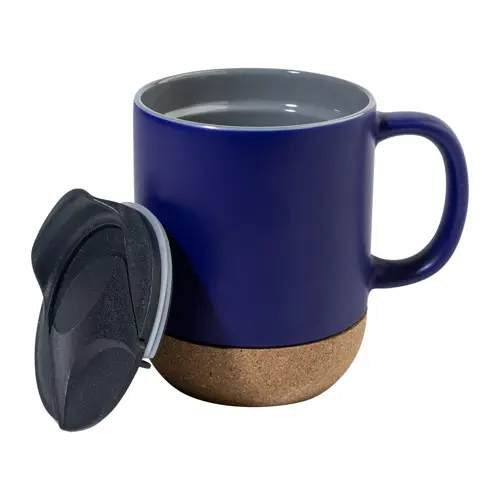 Tazza in ceramica con base in sughero coperchio in PP finitura esterna opaca ed interna lucida confezione in cartoncino kraft 325ml