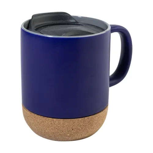 Tazza in ceramica con base in sughero coperchio in PP finitura esterna opaca ed interna lucida confezione in cartoncino kraft 325ml