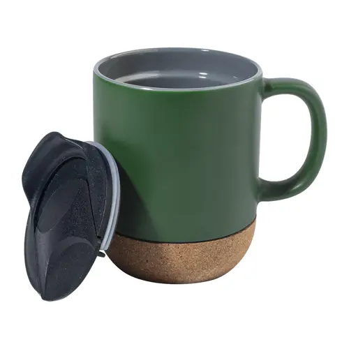 Tazza in ceramica con base in sughero coperchio in PP finitura esterna opaca ed interna lucida confezione in cartoncino kraft 325ml