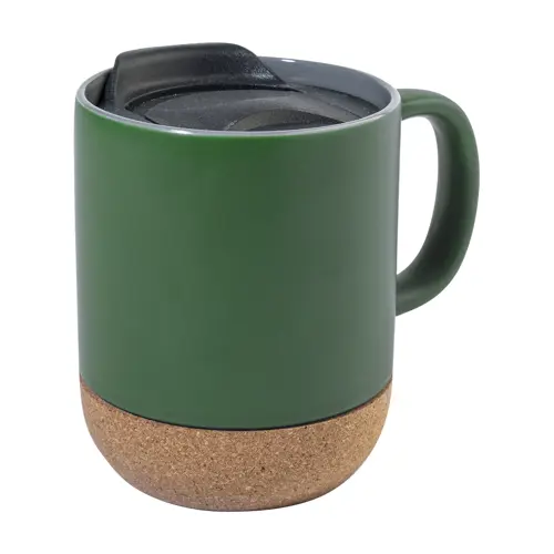 Tazza in ceramica con base in sughero coperchio in PP finitura esterna opaca ed interna lucida confezione in cartoncino kraft 325ml