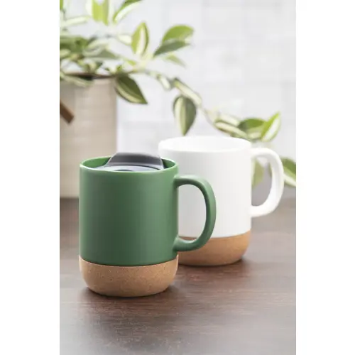 Tazza in ceramica con base in sughero coperchio in PP finitura esterna opaca ed interna lucida confezione in cartoncino kraft 325ml