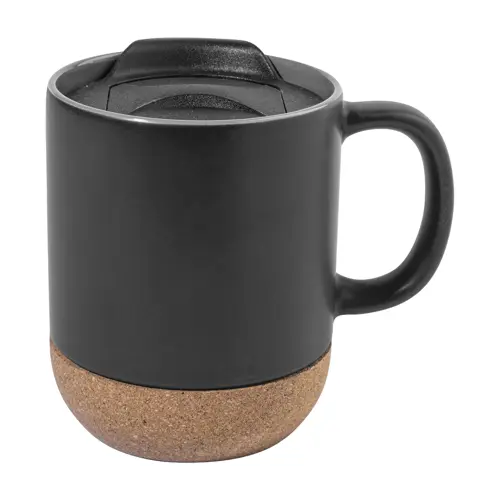 Tazza in ceramica con base in sughero coperchio in PP finitura esterna opaca ed interna lucida confezione in cartoncino kraft 325ml