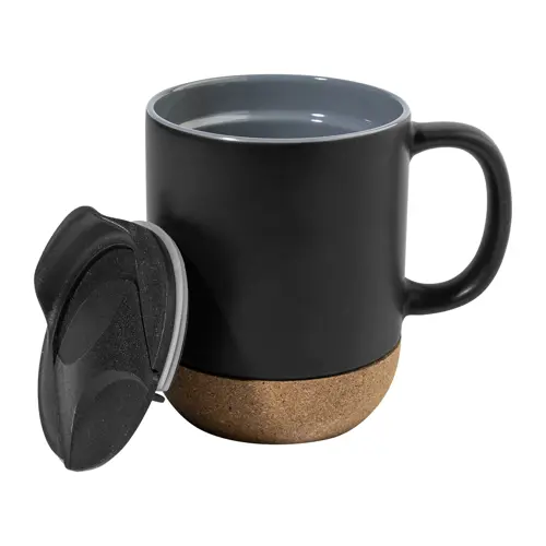 Tazza in ceramica con base in sughero coperchio in PP finitura esterna opaca ed interna lucida confezione in cartoncino kraft 325ml