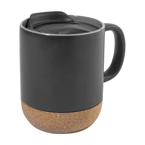 Tazza in ceramica con base in sughero coperchio in PP finitura esterna opaca ed interna lucida confezione in cartoncino kraft 325ml