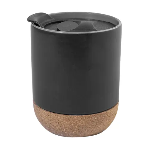 Tazza in ceramica con base in sughero coperchio in PP finitura esterna opaca ed interna lucida confezione in cartoncino kraft 325ml