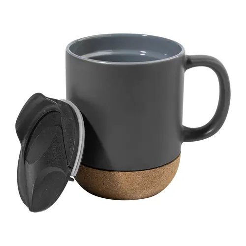 Tazza in ceramica con base in sughero coperchio in PP finitura esterna opaca ed interna lucida confezione in cartoncino kraft 325ml