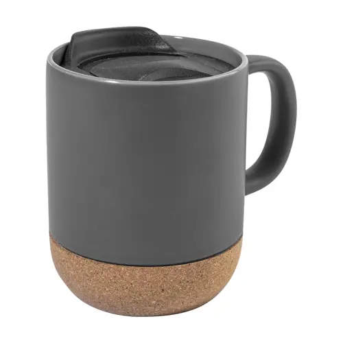 Tazza in ceramica con base in sughero coperchio in PP finitura esterna opaca ed interna lucida confezione in cartoncino kraft 325ml