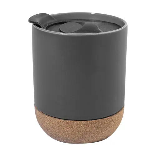 Tazza in ceramica con base in sughero coperchio in PP finitura esterna opaca ed interna lucida confezione in cartoncino kraft 325ml