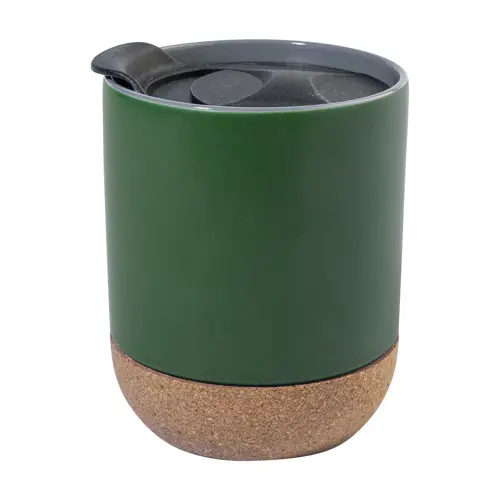 Tazza in ceramica con base in sughero coperchio in PP finitura esterna opaca ed interna lucida confezione in cartoncino kraft 325ml