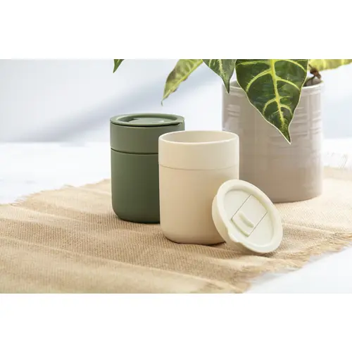 Tazza da viaggio da 300ml in ceramica rivestita con silicone e coperchio in plastica PP