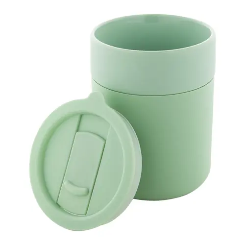 Tazza da viaggio da 300ml in ceramica rivestita con silicone e coperchio in plastica PP