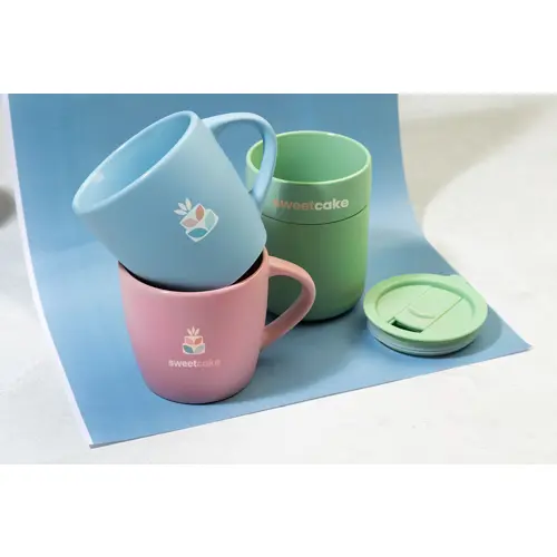Tazza da viaggio da 300ml in ceramica rivestita con silicone e coperchio in plastica PP