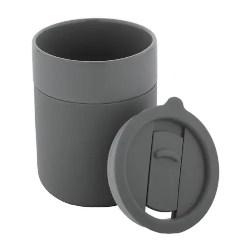 Tazza da viaggio da 300ml in ceramica rivestita con silicone e coperchio in plastica PP