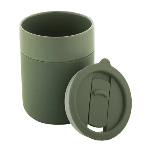 Tazza da viaggio da 300ml in ceramica rivestita con silicone e coperchio in plastica PP