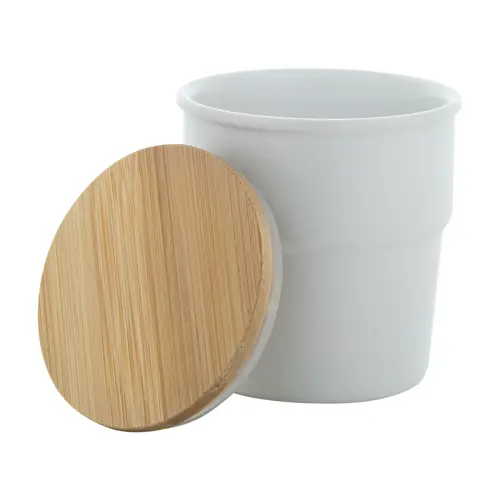 Tazza senza manico in ceramica colorata finitura esterna opaca interna lucida coperchio bambù da 240ml