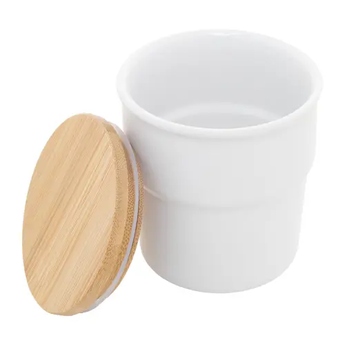 Tazza senza manico in ceramica colorata finitura esterna opaca interna lucida coperchio bambù da 240ml