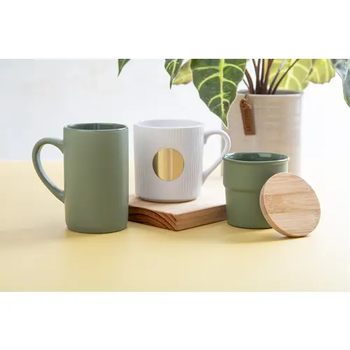 Tazza senza manico in ceramica colorata finitura esterna opaca interna lucida coperchio bambù da 240ml