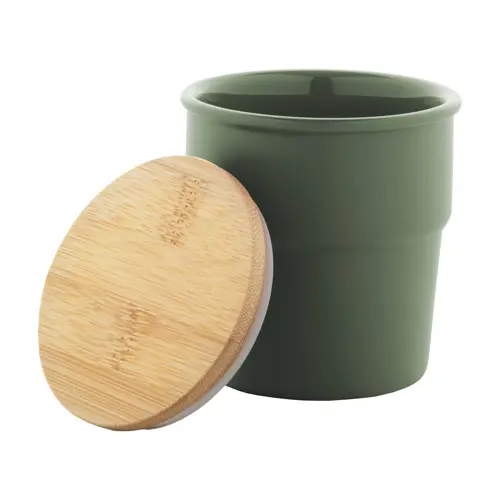 Tazza senza manico in ceramica colorata finitura esterna opaca interna lucida coperchio bambù da 240ml