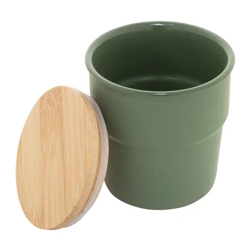 Tazza senza manico in ceramica colorata finitura esterna opaca interna lucida coperchio bambù da 240ml