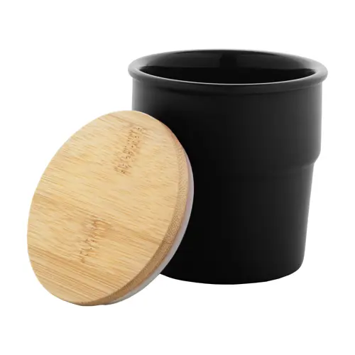 Tazza senza manico in ceramica colorata finitura esterna opaca interna lucida coperchio bambù da 240ml