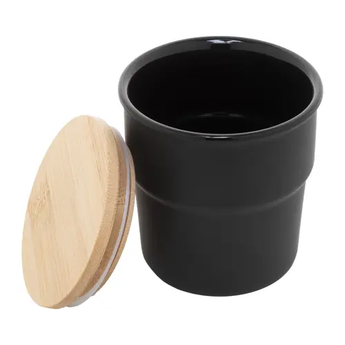 Tazza senza manico in ceramica colorata finitura esterna opaca interna lucida coperchio bambù da 240ml