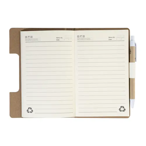 Block notes copertina in pelle PU riciclata fogli a righe segna pagine e penna refill blu