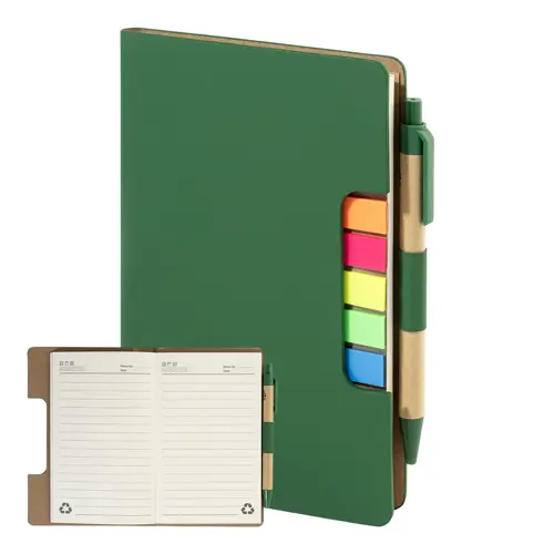 Block notes copertina in pelle PU riciclata fogli a righe segna pagine e penna refill blu