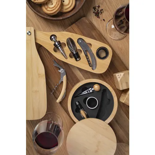 Set vino in scatola di bambù a forma di bottiglia comprende cavatappi beccuccio salvagoccia e tappo