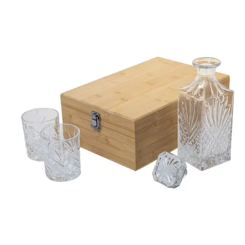 Set da whiskey composto da bottiglia e due bicchieri in confezione regalo di bambù