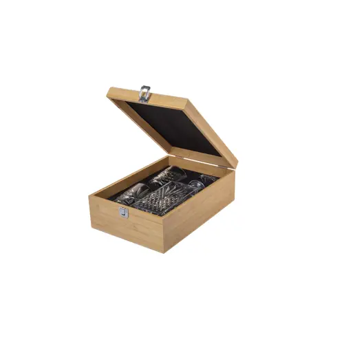 Set da whiskey composto da bottiglia e due bicchieri in confezione regalo di bambù