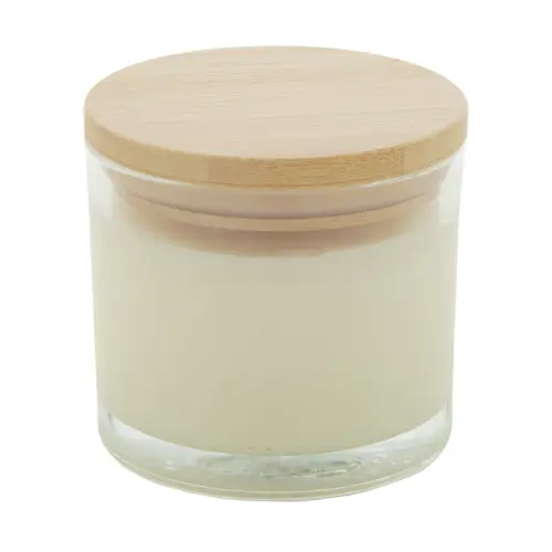 Candela con cera vegetale alla vaniglia contenitore in vetro e coperchio in bambù in scatola di cartoncino kraft