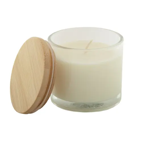 Candela con cera vegetale alla vaniglia contenitore in vetro e coperchio in bambù in scatola di cartoncino kraft