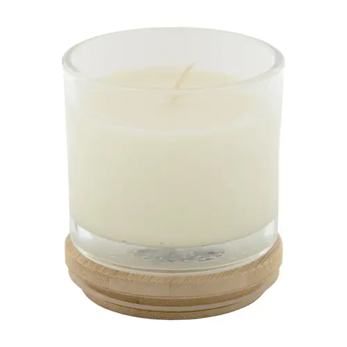 Candela con cera vegetale alla vaniglia contenitore in vetro e coperchio in bambù in scatola di cartoncino kraft
