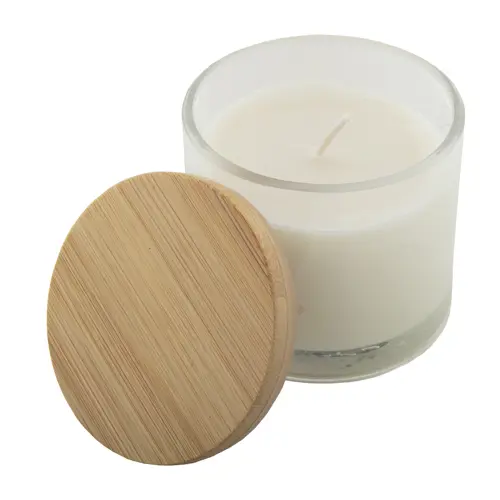 Candela con cera vegetale alla vaniglia contenitore in vetro e coperchio in bambù in scatola di cartoncino kraft