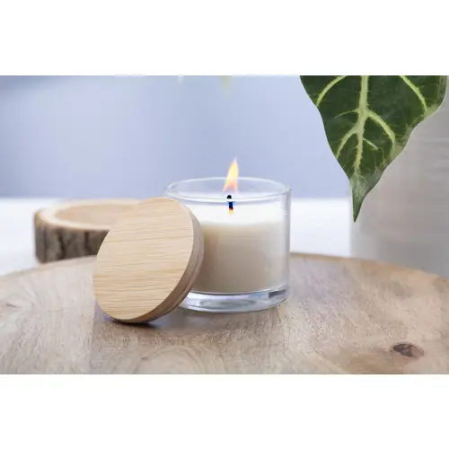Candela con cera vegetale alla vaniglia contenitore in vetro e coperchio in bambù in scatola di cartoncino kraft