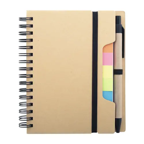 Block note a spirale formato A6 in carta riciclata con 70 fogli a righe segnapagina elastico e penna a sfera in carta riciclata con refill blu