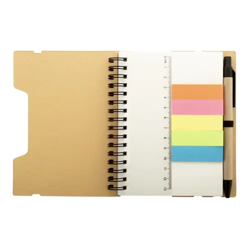 Block note a spirale formato A6 in carta riciclata con 70 fogli a righe segnapagina elastico e penna a sfera in carta riciclata con refill blu