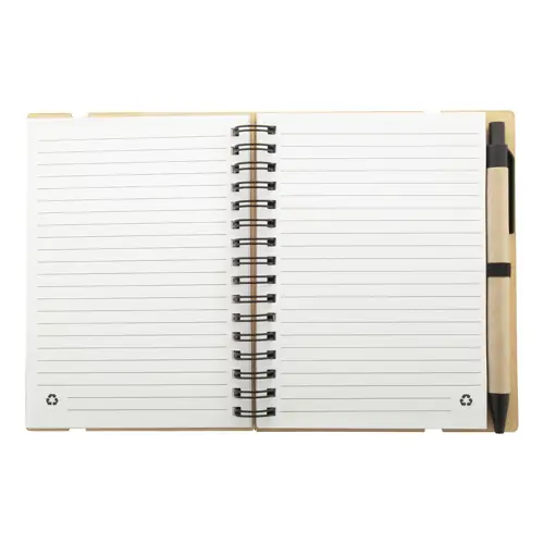 Block note a spirale formato A6 in carta riciclata con 70 fogli a righe segnapagina elastico e penna a sfera in carta riciclata con refill blu