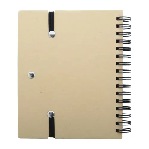 Block note a spirale formato A6 in carta riciclata con 70 fogli a righe segnapagina elastico e penna a sfera in carta riciclata con refill blu