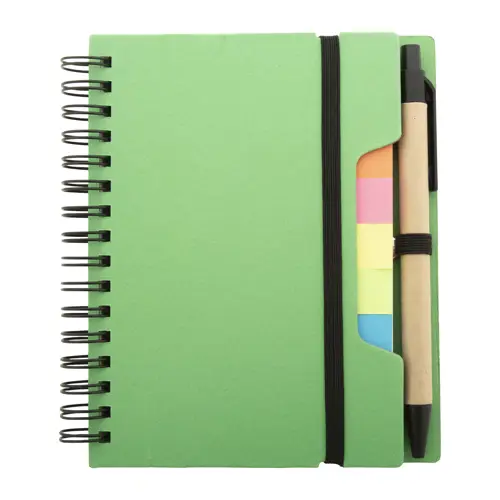 Block note a spirale formato A6 in carta riciclata con 70 fogli a righe segnapagina elastico e penna a sfera in carta riciclata con refill blu