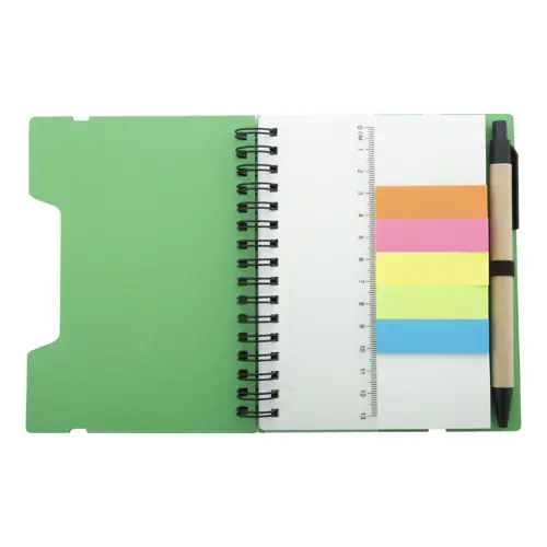 Block note a spirale formato A6 in carta riciclata con 70 fogli a righe segnapagina elastico e penna a sfera in carta riciclata con refill blu