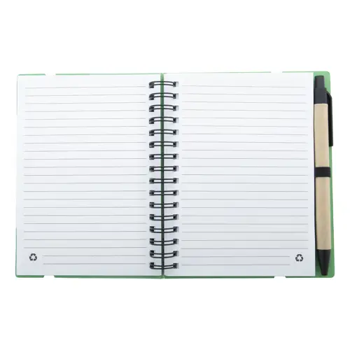 Block note a spirale formato A6 in carta riciclata con 70 fogli a righe segnapagina elastico e penna a sfera in carta riciclata con refill blu