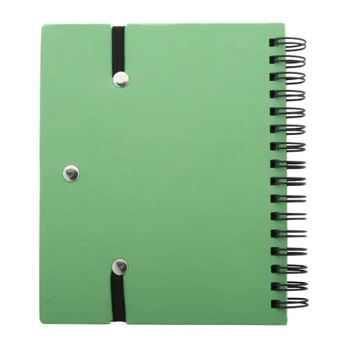 Block note a spirale formato A6 in carta riciclata con 70 fogli a righe segnapagina elastico e penna a sfera in carta riciclata con refill blu