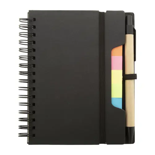 Block note a spirale formato A6 in carta riciclata con 70 fogli a righe segnapagina elastico e penna a sfera in carta riciclata con refill blu