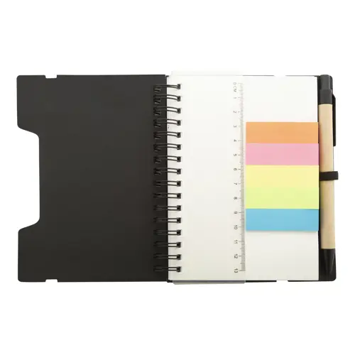 Block note a spirale formato A6 in carta riciclata con 70 fogli a righe segnapagina elastico e penna a sfera in carta riciclata con refill blu