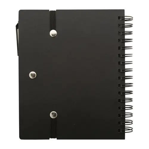Block note a spirale formato A6 in carta riciclata con 70 fogli a righe segnapagina elastico e penna a sfera in carta riciclata con refill blu