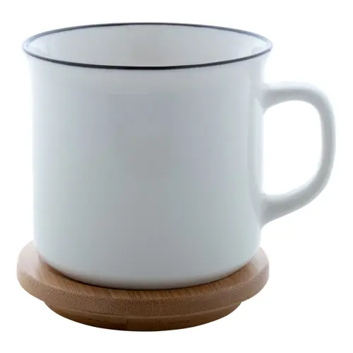 Tazza vintage in porcellana alta qualità con bordo nero e tappo sottobicchiere in bambù 320ml
