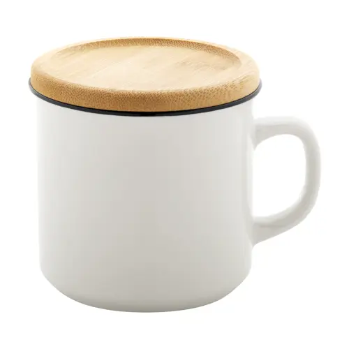 Tazza vintage in porcellana alta qualità con bordo nero e tappo sottobicchiere in bambù 320ml