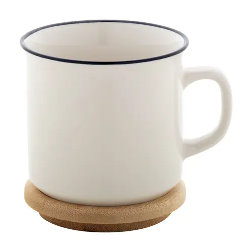 Tazza vintage in porcellana alta qualità con bordo nero e tappo sottobicchiere in bambù 320ml